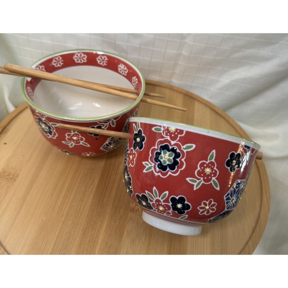 2-Mira Designs By Fmc Red Blue Floral Wooden Chopsticks Rice Noodle Ramen Bowels